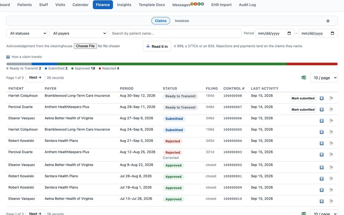 The Finance → Claims page listing claim batches by payer